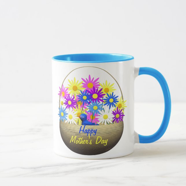 Happy Mothers Day Basket of Daisies and Blue Bird Mug (Right)