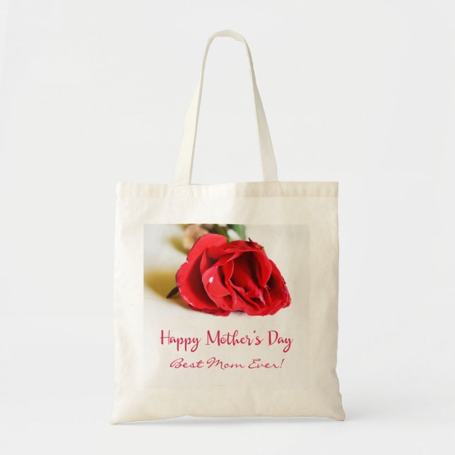 Happy Mother's Day Best Mom Ever + Single Red Rose Tote Bag (Front)