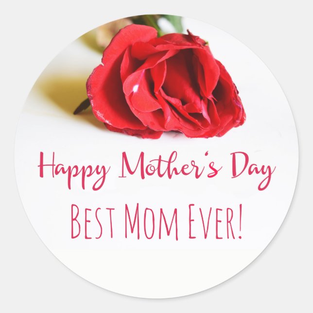 Happy Mother's Day Best Mum with a Single Red Rose Classic Round Sticker (Front)