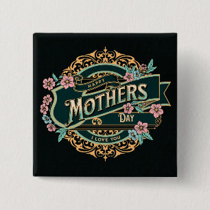 Happy Mother's Day Black and Gold Floral Flowers 15 Cm Square Badge