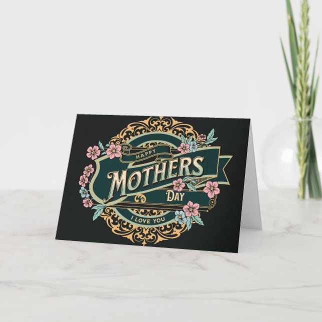 Happy Mother's Day Black and Gold Floral Flowers Card (Front)