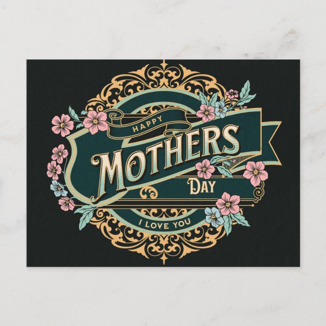 Happy Mother's Day Black and Gold Floral Flowers Postcard (Front)