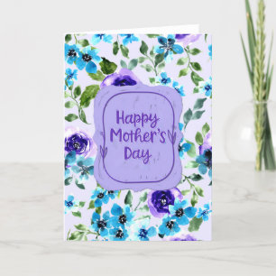Happy Mothers Day Blue and Purple Watercolor Flora Holiday Card
