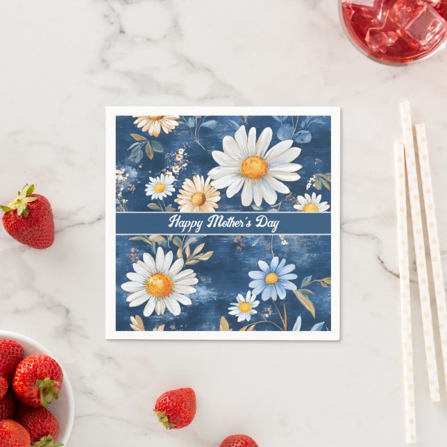 Happy Mother's Day Blue and White Daisies Napkin (Insitu)