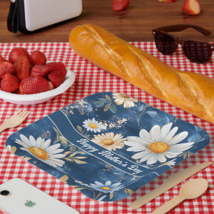 Happy Mother's Day Blue and White Daisies Paper Plate
