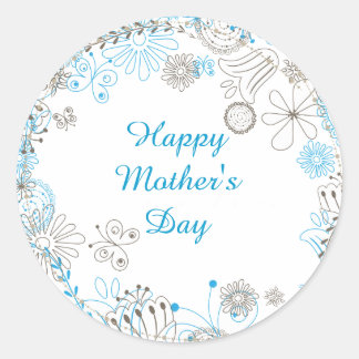 Happy Mother's Day Blue Flowers Classic Round Sticker