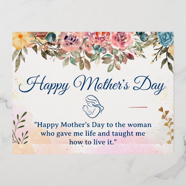 Happy Mother's Day | Blush Pink Flowers and Gold  Foil Holiday Postcard (Front)