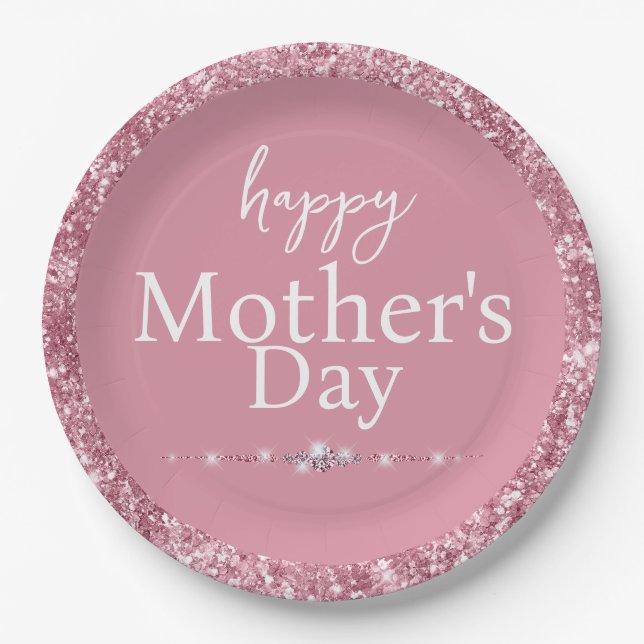 Happy Mother's Day Blush Pink Glitter Paper Plate (Front)