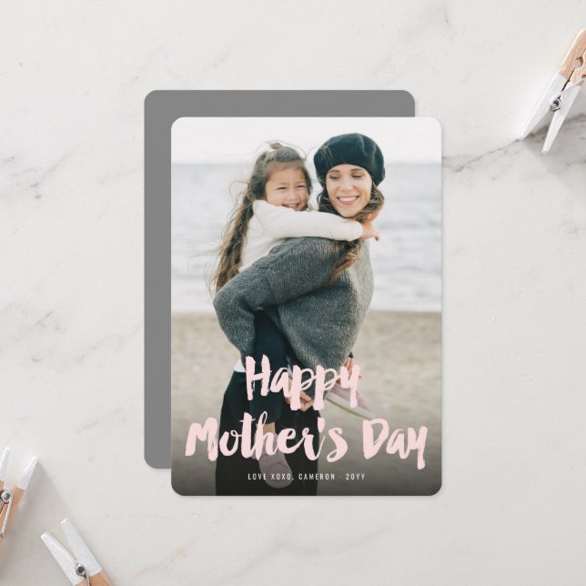 Happy Mother's Day Bold Brush Script Modern Photo Card (Front/Back In Situ)