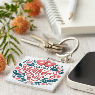 Happy Mother's Day - Botanical Heart & Script  Key Ring