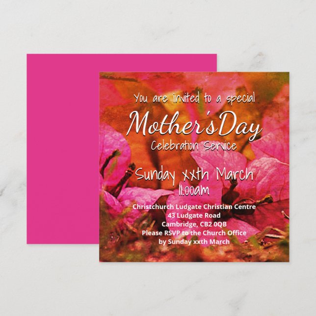 HAPPY MOTHER'S DAY Church Service Pink Floral Invitation (Front/Back)