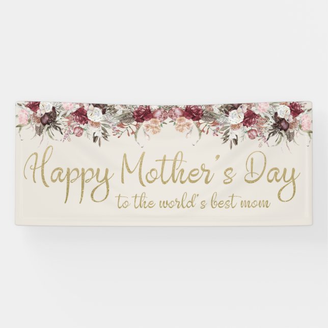 Happy Mother's Day Cream Gold Script Burgundy Banner (Horizontal)