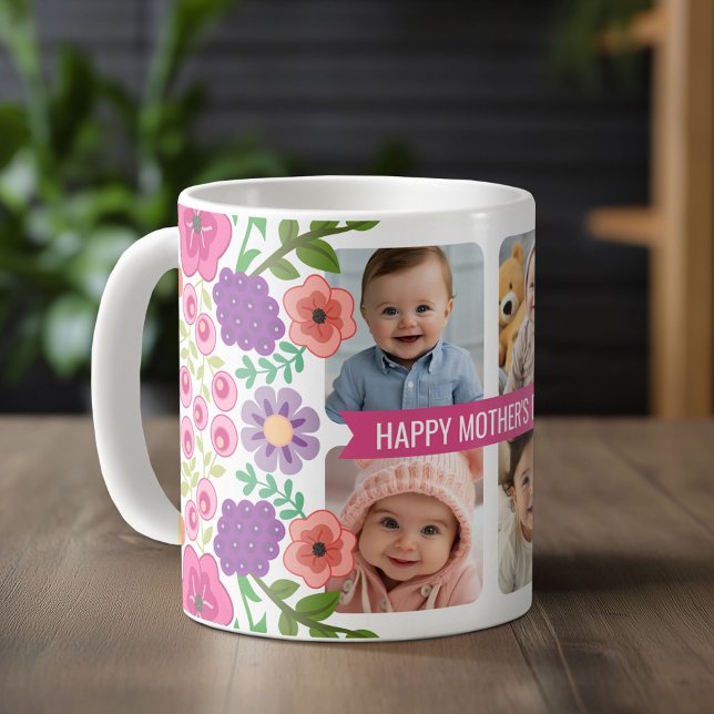 Happy Mother's Day Custom 4 Photo Collage Flowers Coffee Mug (Custom Photo Mug)