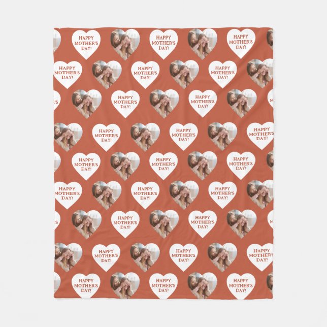 Happy Mother's Day Custom Heart-Shaped Photo Red Fleece Blanket (Front)