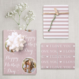 Happy Mother's Day Custom Photo Dusty Pink 3 Wrapping Paper Sheet