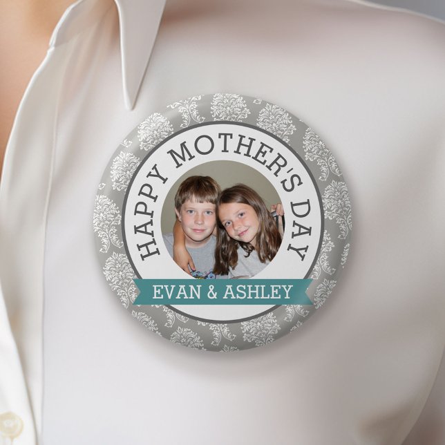 Happy Mother's Day - Custom Photo Template damask 6 Cm Round Badge (Custom Button)