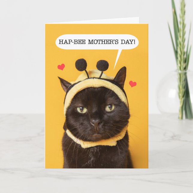 Happy Mother's Day Cute Cat in Bumble Bee Hat Hum Holiday Card (Front)