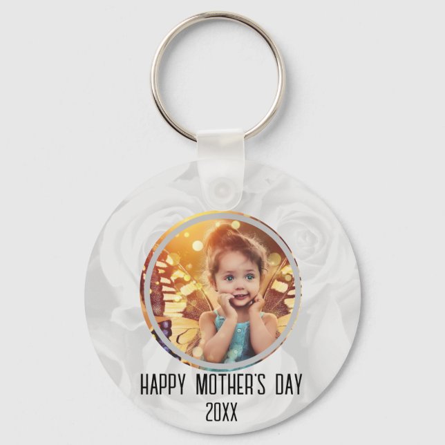 Happy Mothers Day Cute Child Photo Floral Key Ring (Front)