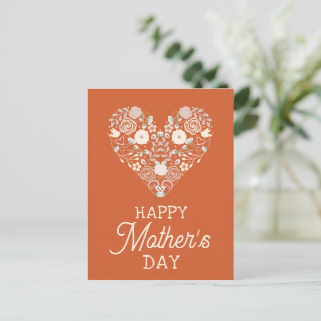 Happy Mothers Day Cute Floral Heart Orange Minimal Postcard (Standing Front)