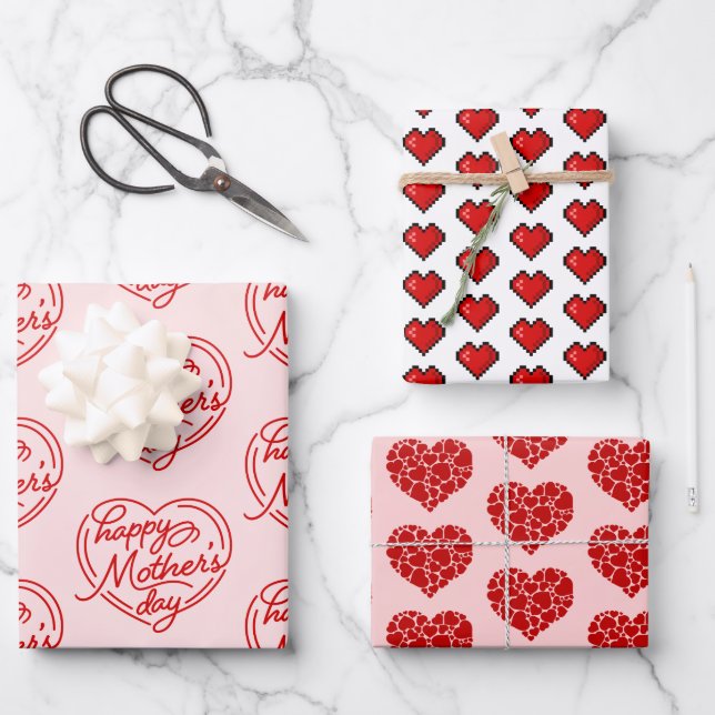 Happy Mother's Day Cute Heart Wrapping Paper Sheet (Front)