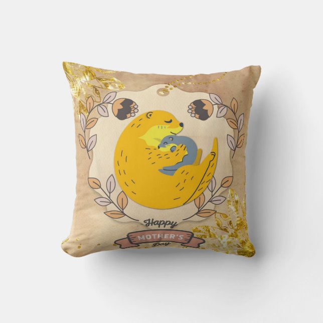 Happy Mother's Day Cute Otter and Baby Floral Cushion (Front)