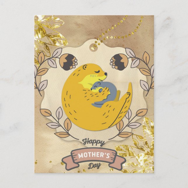 Happy Mother's Day Cute Otter and Baby Floral Postcard (Front)