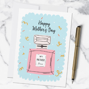 Happy Mothers Day Cute Pink Perfume on Blue Card