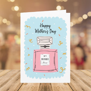 Happy Mothers Day Cute Pink Perfume on Blue  Card