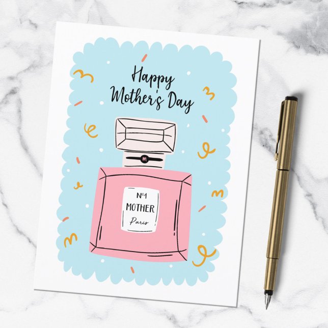 Happy Mothers Day Cute Pink Perfume on Blue Postcard (In situ)