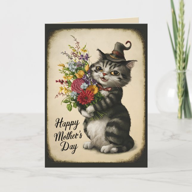 Happy Mother's Day Cute Vintage Cat Card (Front)