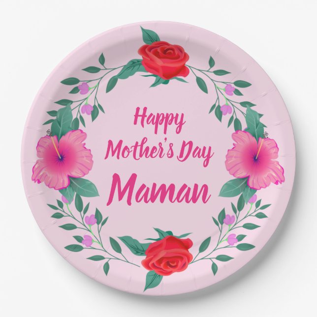 Happy Mother's Day Edit Name French Maman Paper Plate (Front)