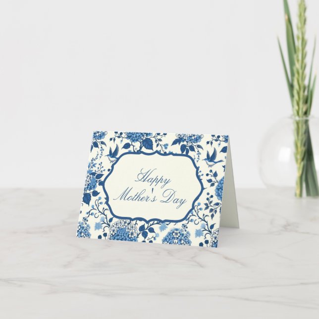 Happy Mother's Day Elegant Blue Chinoiserie Floral Card (Front)