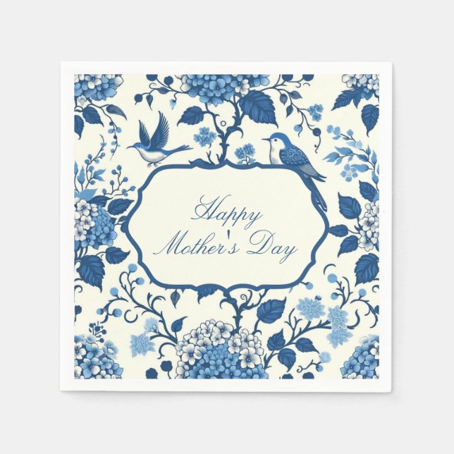 Happy Mother's Day Elegant Blue Chinoiserie Floral Napkin (Front)