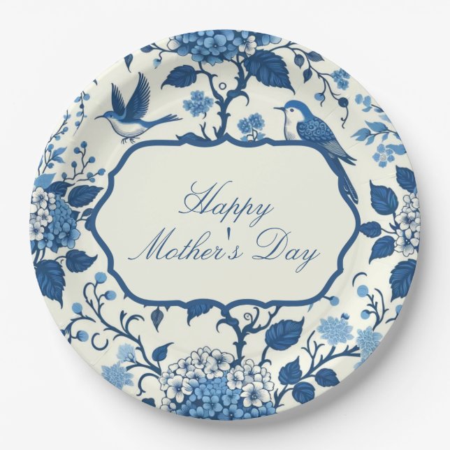Happy Mother's Day Elegant Blue Chinoiserie Floral Paper Plate (Front)