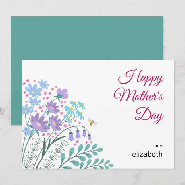 Happy Mother's Day Elegant Blue Pink Wildflowers Holiday Card (Front/Back)