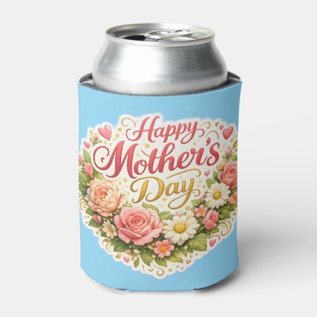 Happy Mother's Day elegant floral wreath teal can Cooler (Can Front)
