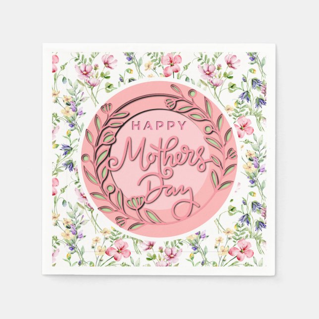 Happy Mother's Day Elegant Modern Pink Floral Napkin (Front)