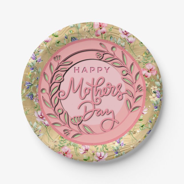 Happy Mother's Day Elegant Modern Pink Floral Paper Plate (Front)