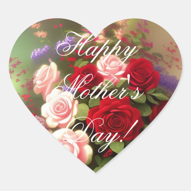 Happy Mother's Day Elegant Red Pink Roses Floral Heart Sticker (Front)