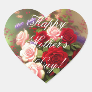 Happy Mother's Day Elegant Red Pink Roses Floral Heart Sticker