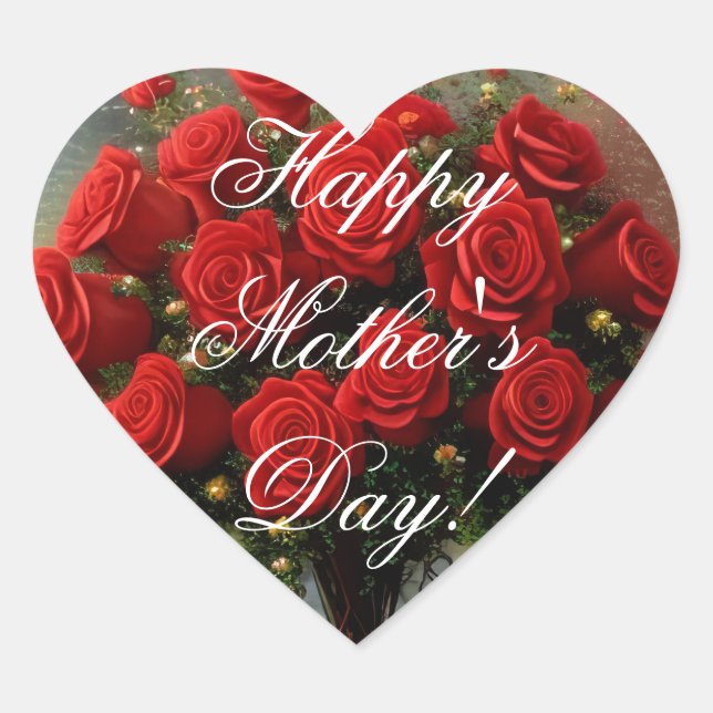 Happy Mother's Day Elegant Red Roses Floral Heart Sticker (Front)