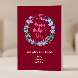 Happy Mother's Day Floral Blue Pink Flower Wreath Card