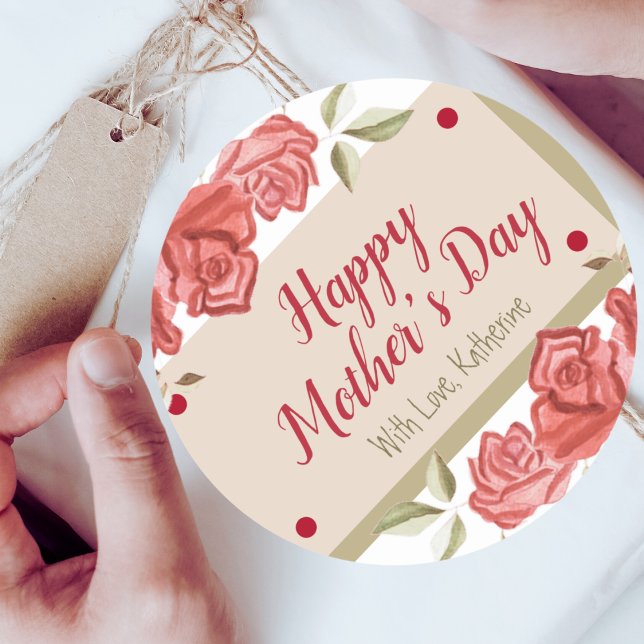Happy Mother's Day Floral Classic Charm Red Rose Classic Round Sticker (Creator Uploaded)