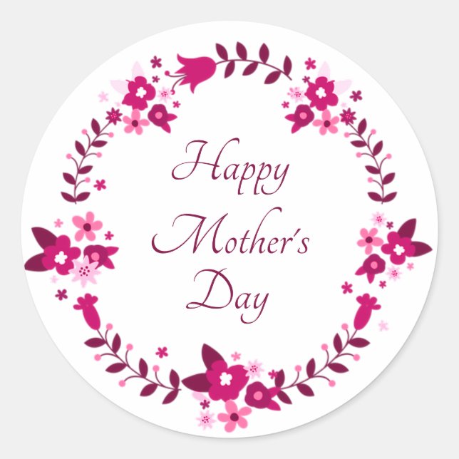 Happy Mother's Day floral garland pink  Classic Round Sticker (Front)