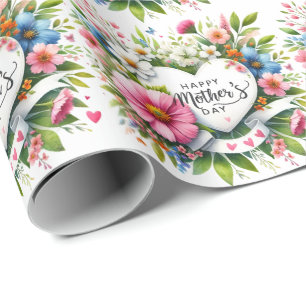 Happy Mothers Day Floral Heart Wrapping Paper