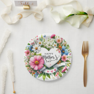 Happy Mothers Day Floral Hearts  Paper Plate