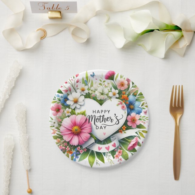 Happy Mothers Day Floral Hearts  Paper Plate (Wedding)