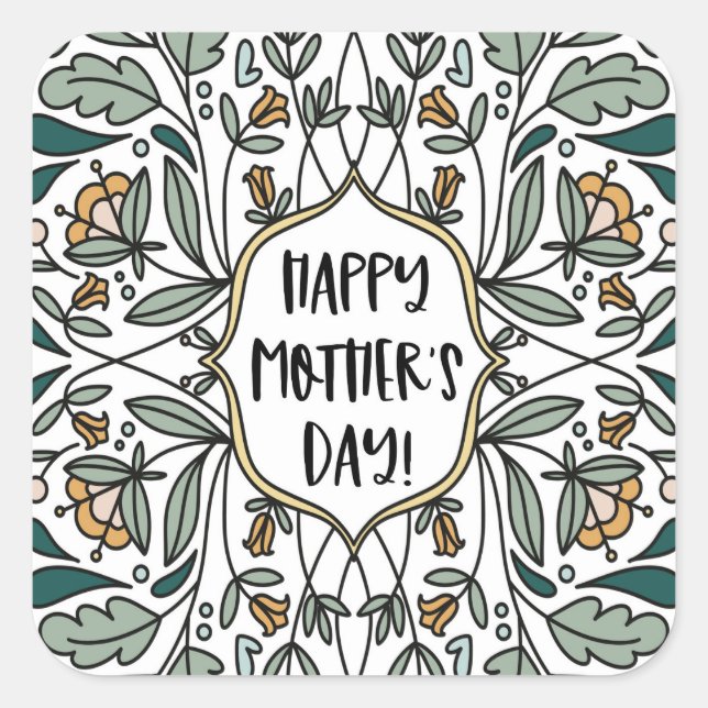 Happy Mother's Day Floral Illustrations Square Sticker (Front)