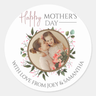 Happy Mothers Day Floral Modern Script 1 Photo Classic Round Sticker
