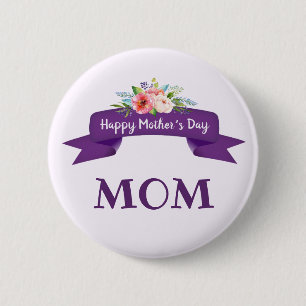 Happy Mother's Day Floral on Purple Ribbon Gift 6 Cm Round Badge